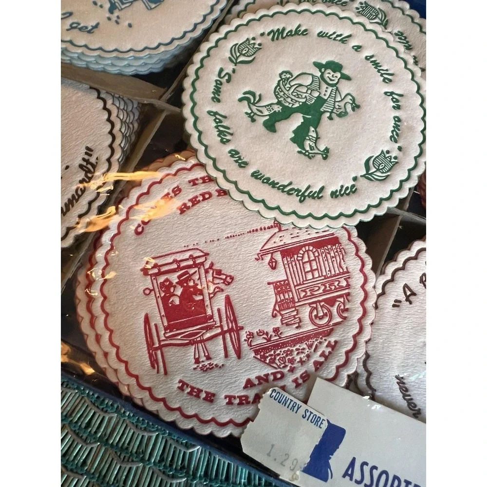 Vtg Amish Garden Spot Gifts Paper Coasters Set 60 Pennsylvania Dutch Folk Art